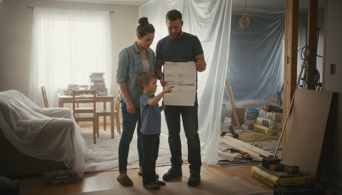A homeowner and a contractor sitting at a kitchen table reviewing a construction contract together, with blueprints spread out and a laptop open showing project plans, warm natural light coming through a window