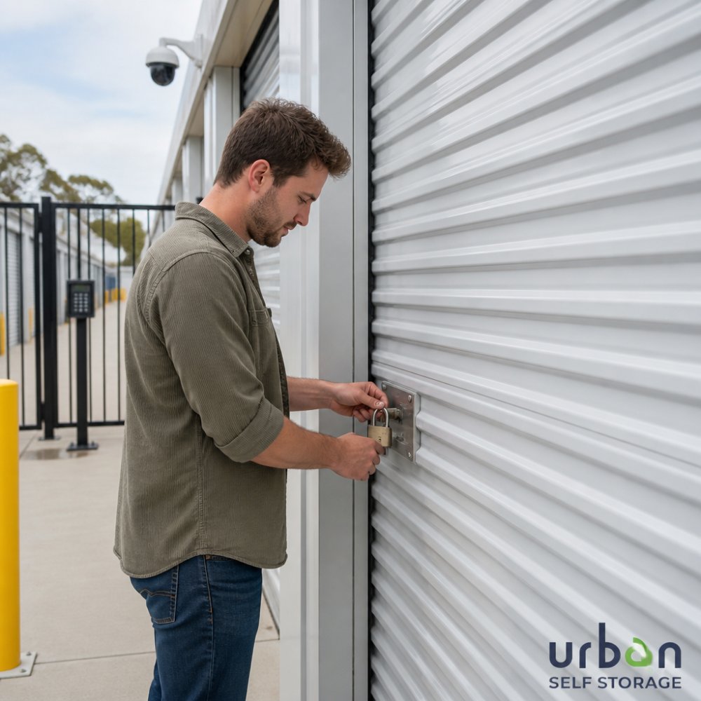 A person in casual clothes unlocking a padlock on a clean, well-lit self storage unit door, with a keypad entry gate and CCTV camera visible behind them in an outdoor facility walkway