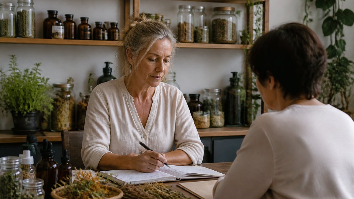 Professional herbalist reviewing detailed client intake notes and health history during consultation in calm clinical setting with dried herbs and tinctures visible on shelves in background