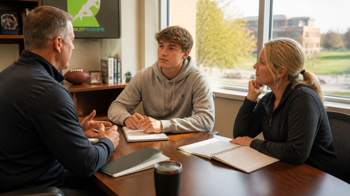 High school athlete and parent meeting with college coaches in a campus office during a recruiting visit.