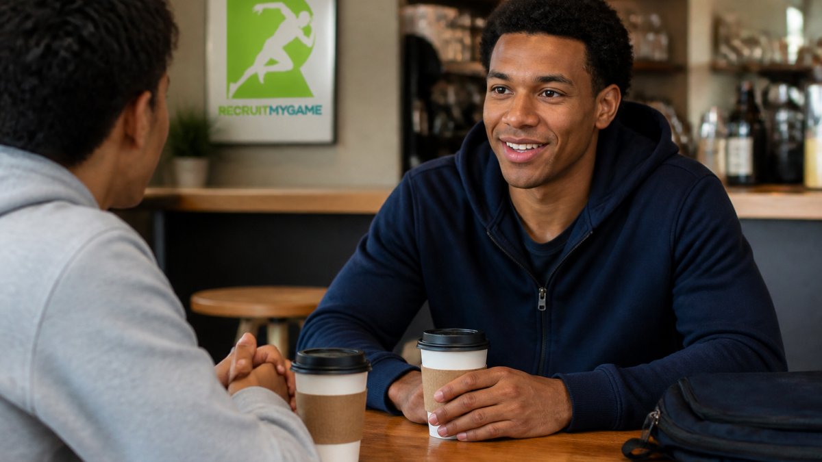 Student-athlete sitting in casual coffee shop setting, smiling and talking with another young person across a table with coffee cups, suggesting a relaxed conversation about college recruiting