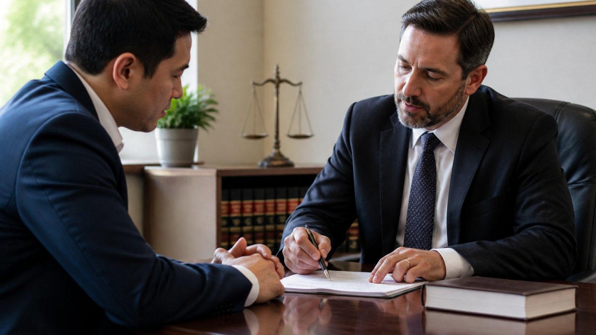 Attorney and client reviewing case documents during a criminal defense consultation in a modern law office.