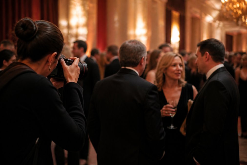 Professional event photographer discreetly capturing candid moments between guests at a formal gala, positioning themselves at the periphery to observe without intruding, with warm ambient lighting highlighting genuine interactions
