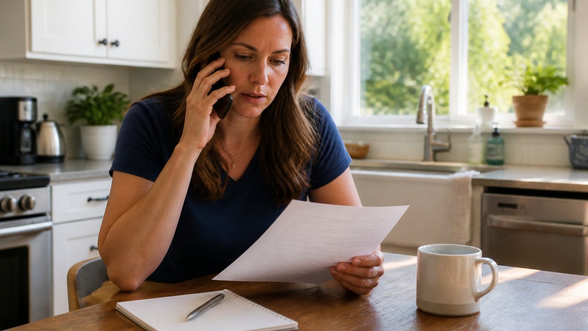 An adult daughter sitting at a kitchen table with a notepad and pen, reviewing a printed list of questions while talking on the phone, a cup of coffee nearby and soft natural light coming through a window