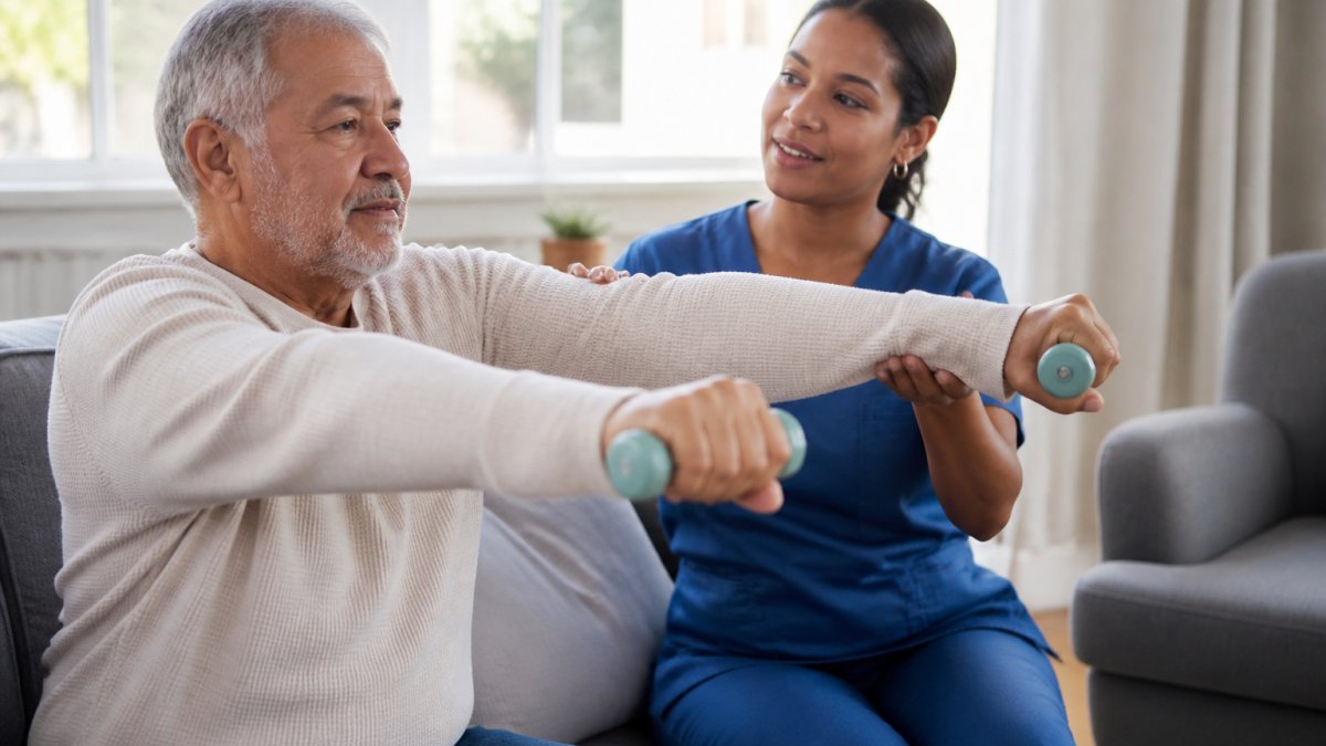 Professional caregiver assisting elderly person with mobility exercises in bright, comfortable home setting with natural window lighting