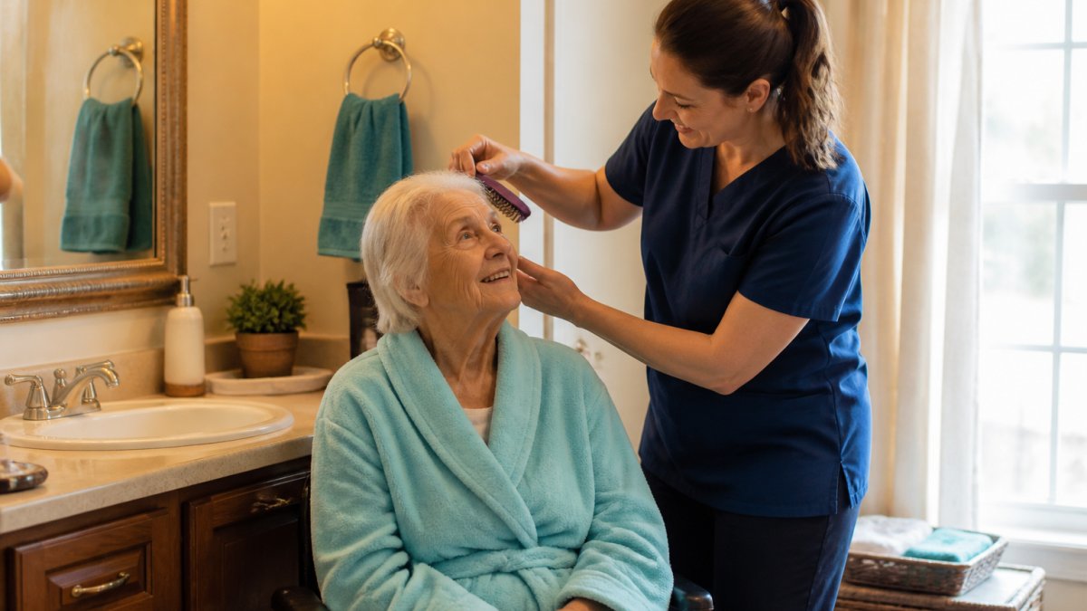 Professional caregiver assisting an older adult resident with morning grooming in a warm, sunlit home-like setting