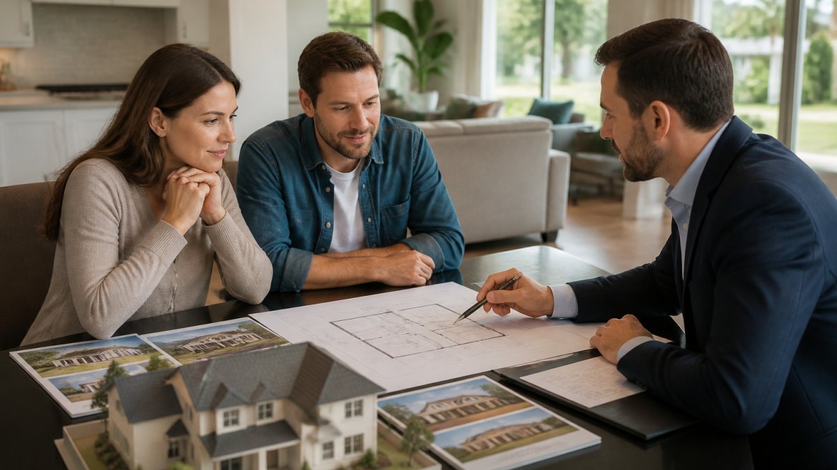 A couple sitting across a desk from a home builder in a model home sales office, reviewing floor plans and paperwork, with a scale model of a house on the table
