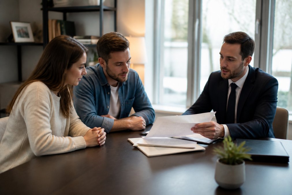 A couple sitting across from a professional real estate agent in a modern office, reviewing printed documents together during a consultation, with warm overhead lighting and large windows behind the agent