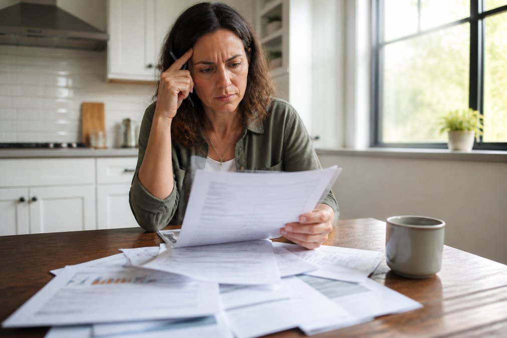 A person sitting at a kitchen table, looking concerned while reviewing a stack of real estate documents, pen in hand, with natural light coming through a window and a cup of coffee nearby