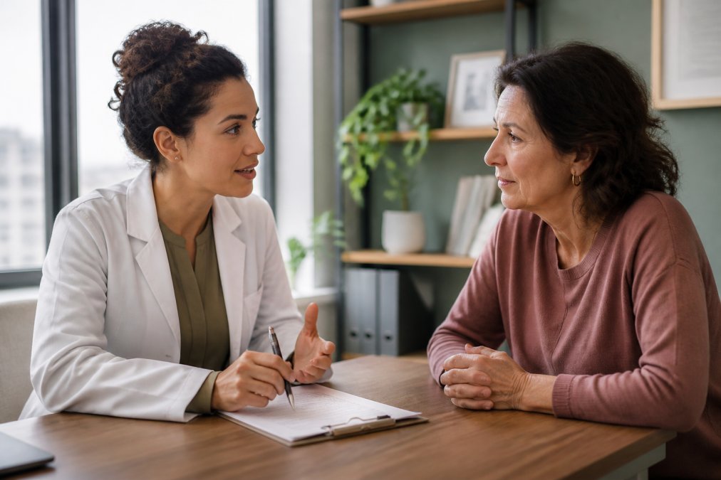 Professional woman having a calm, attentive conversation with her oncology team member in a bright, comfortable clinical office, reviewing notes together at a desk