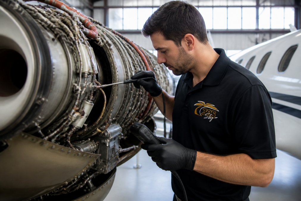 Professional aircraft maintenance technician performing a detailed inspection of an aircraft engine, using borescope equipment and specialized inspection tools in a well-lit hangar