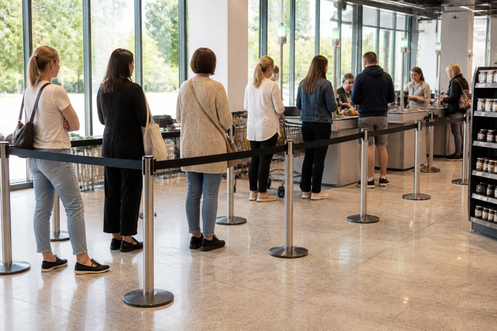 Busy retail checkout area with retractable queue barriers guiding customers in an orderly line towards multiple tills, natural lighting from storefront windows