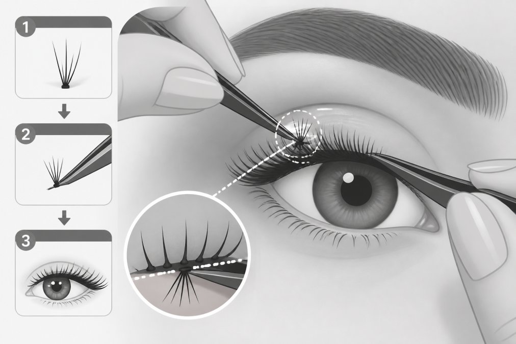 Close-up of hands with tweezers carefully positioning an individual lash cluster against the natural lash line under bright studio lighting, showing precise underlash placement
