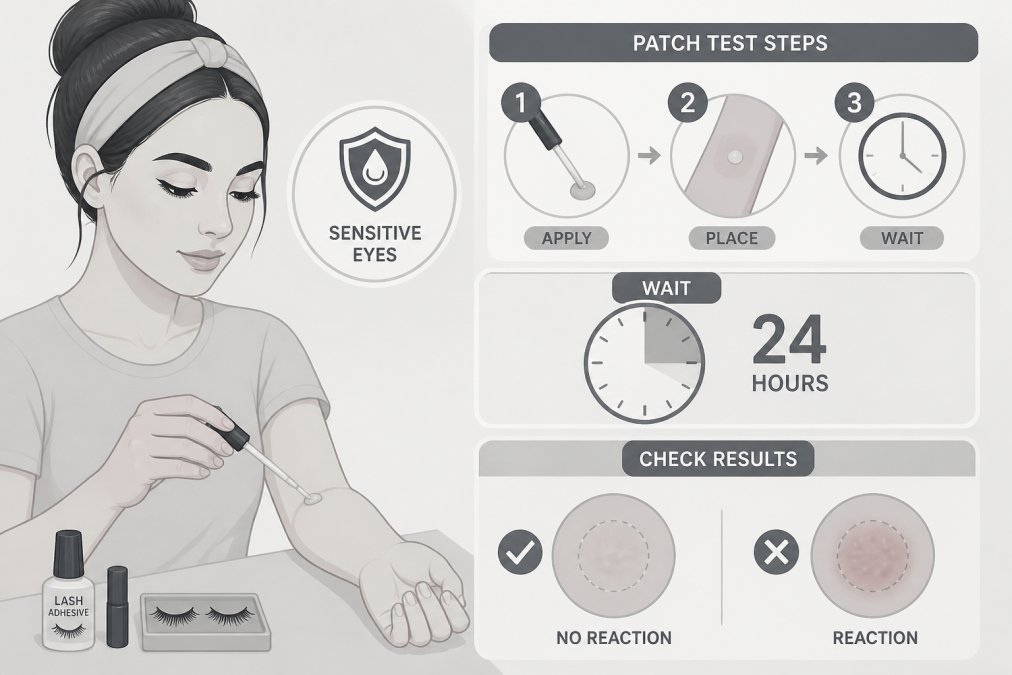 Woman with sensitive skin performing a patch test of lash adhesive on inner arm, showing careful application and observation for allergic reaction