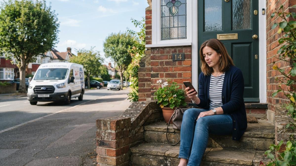 Homeowner sitting calmly on steps outside their front door, mobile phone in hand checking the time, with a locksmith van visible in the distance approaching the residential street on a clear afternoon