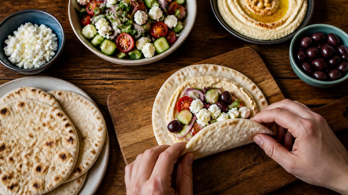 Step-by-step guide for assembling a casual Mediterranean lunch wrap with fresh salad, hummus, and pita bread.