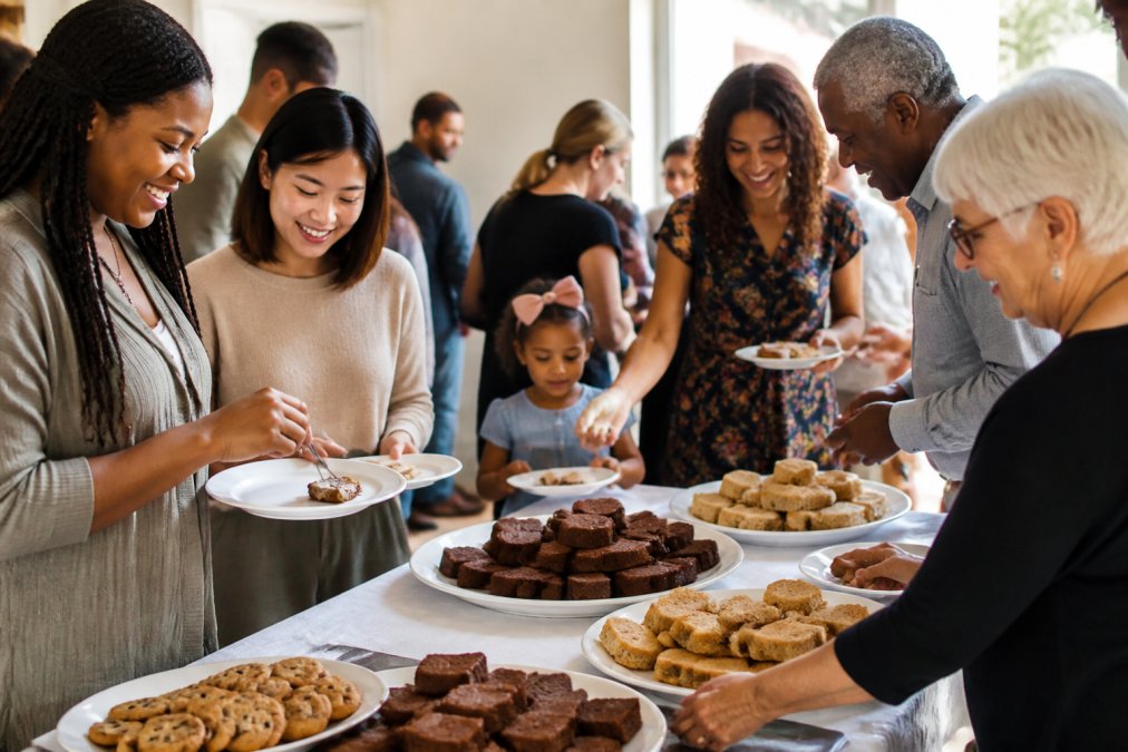 A diverse group of people of various ages and ethnicities gathered around a dessert table at a potluck, with brownies, chocolate chip cookies, and bar cookies arranged on white plates, smiling and sharing treats together in warm natural lighting