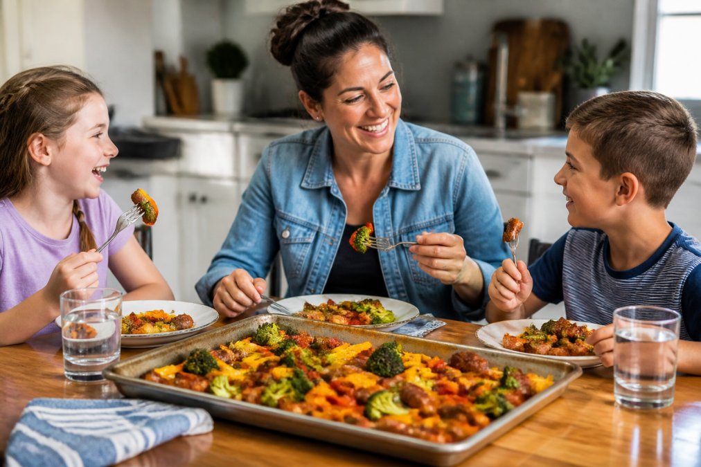 A busy parent and two kids happily eating a colorful sheet-pan dinner of sausage, peppers, and broccoli at a bright kitchen table