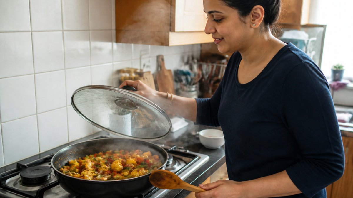 A home cook in a modest kitchen lifting a lid from a large frying pan filled with vegetables and protein, steam rising, with a wooden spoon and a single dirty pan on the hob