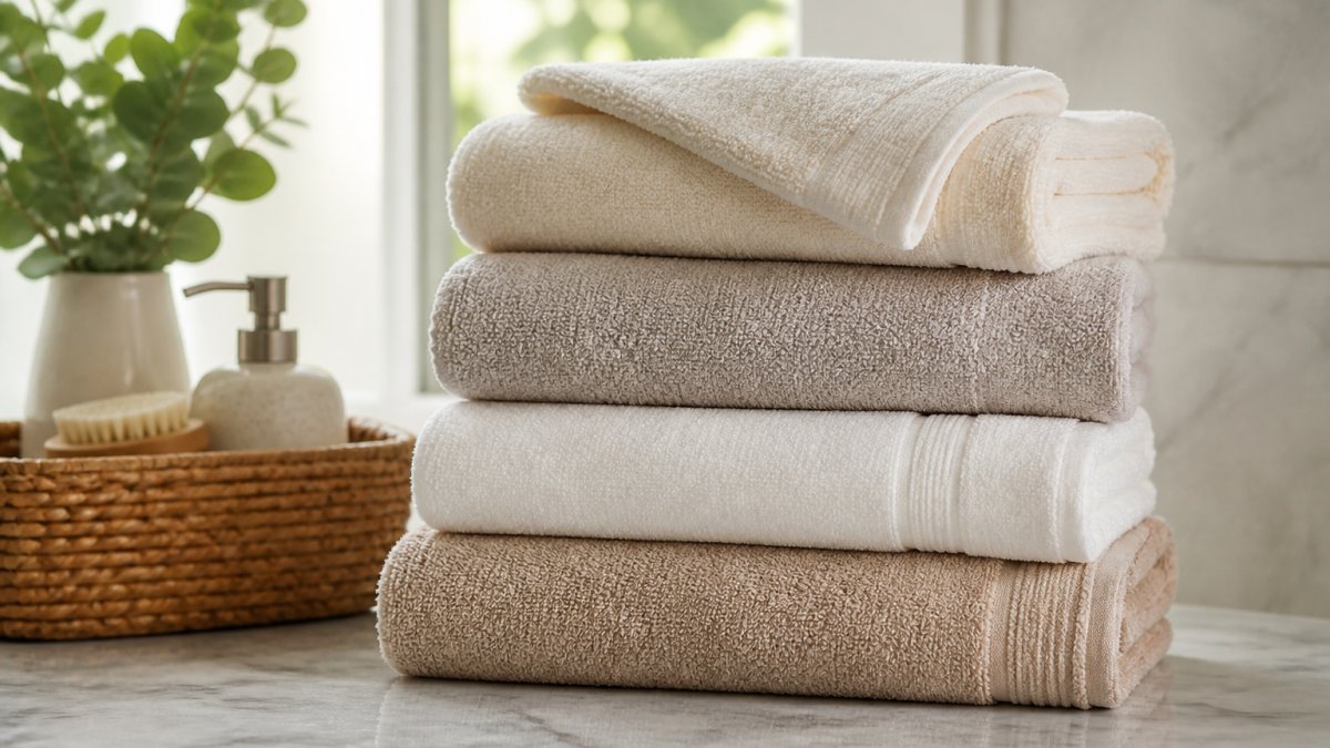 Folded plush towels in neutral tones stacked on a marble surface, illuminated by soft natural light.