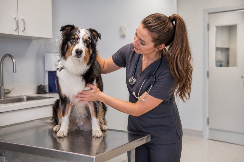 A veterinary technician in quick-drying scrubs with anti-static properties examining a dog on a stainless steel exam table in a bright clinic setting, demonstrating professional fit and active clinical work