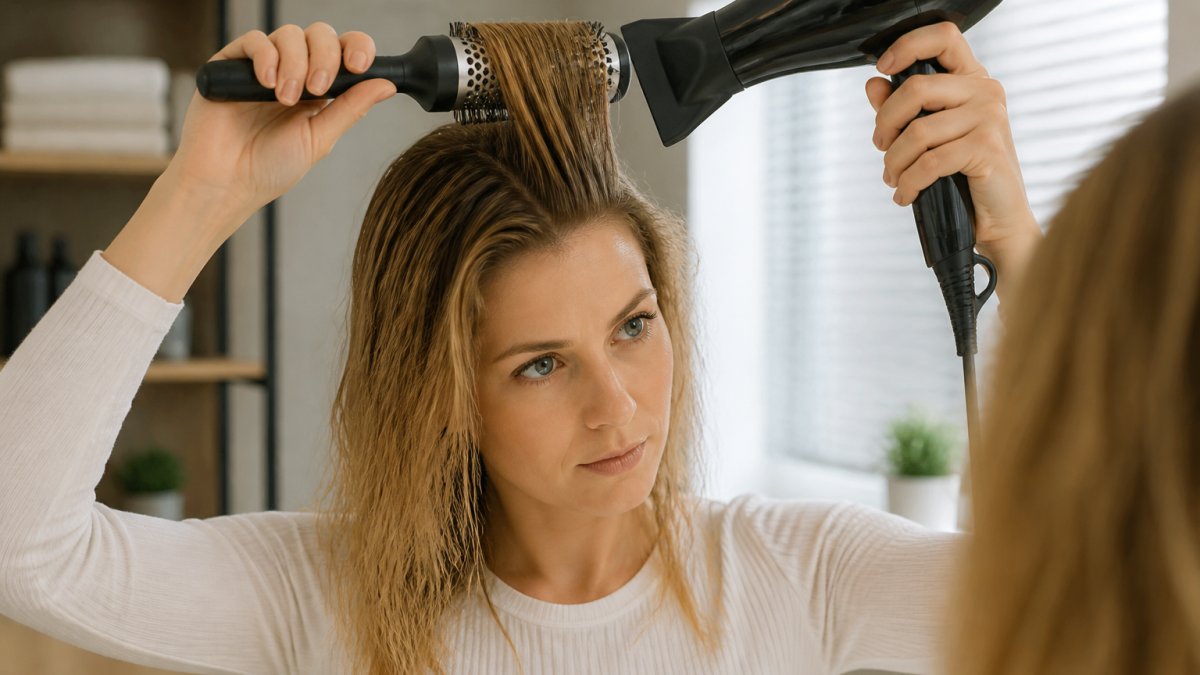 Person blow-drying fine hair at the roots with a round brush, demonstrating proper technique for creating lift and volume with a concentrator nozzle