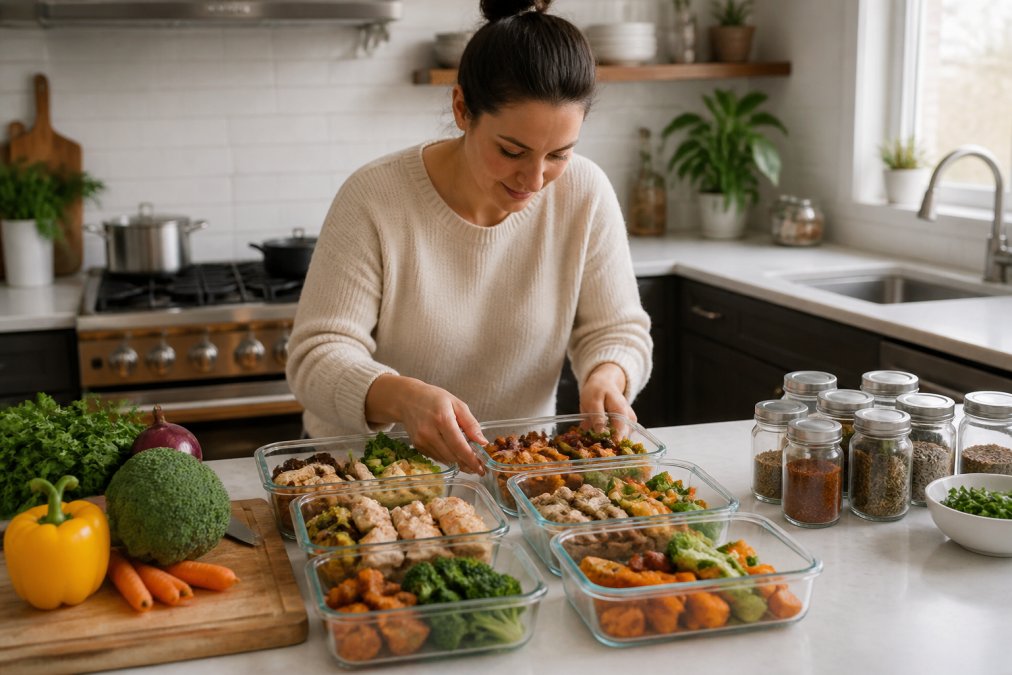 A busy home cook in a bright kitchen arranging colorful pre-portioned meals into glass containers on a counter, with fresh vegetables and labeled spice jars nearby