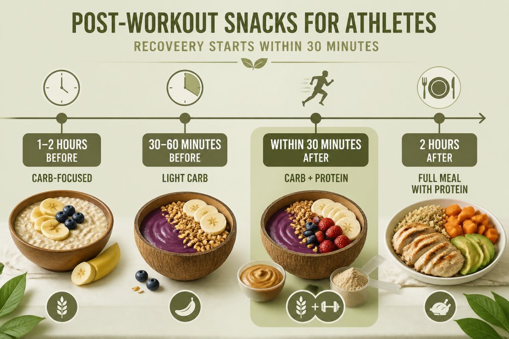 Timeline showing optimal snack timing around training: 1-2 hours before (carb-focused), 30-60 minutes before (light carb), within 30 minutes after (carb + protein), 2 hours after (full meal with protein)