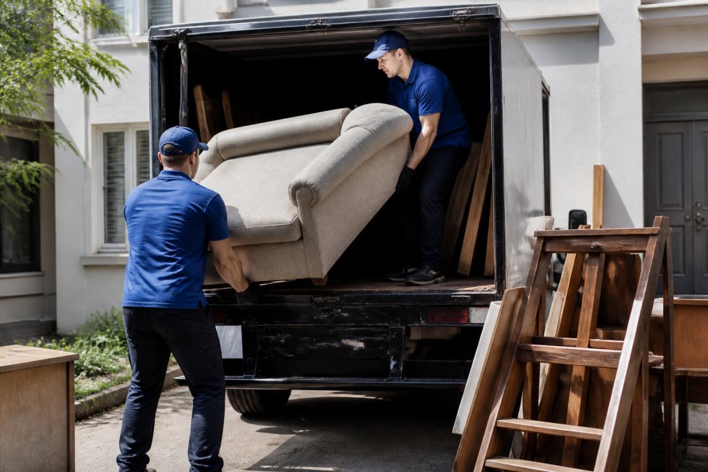 Professional junk removal team in matching uniforms loading large upholstered furniture and wooden items into an open truck bed in afternoon sunlight