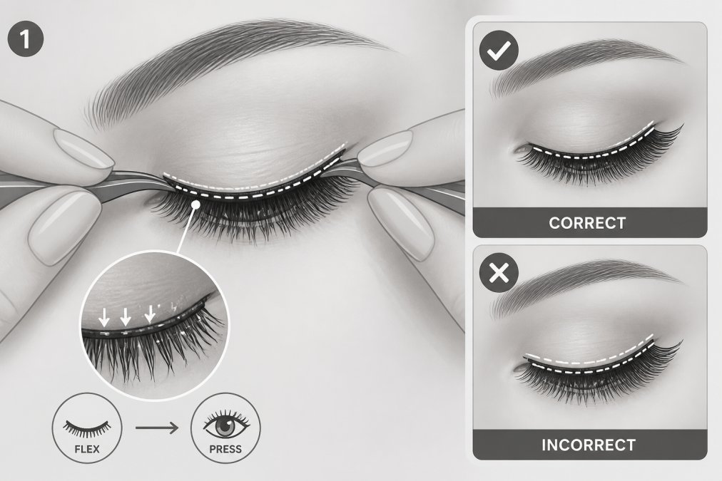 Close-up of hands carefully applying press-on lashes to the lash line with precision, showing proper placement at the natural lash base with soft natural lighting on the eye area