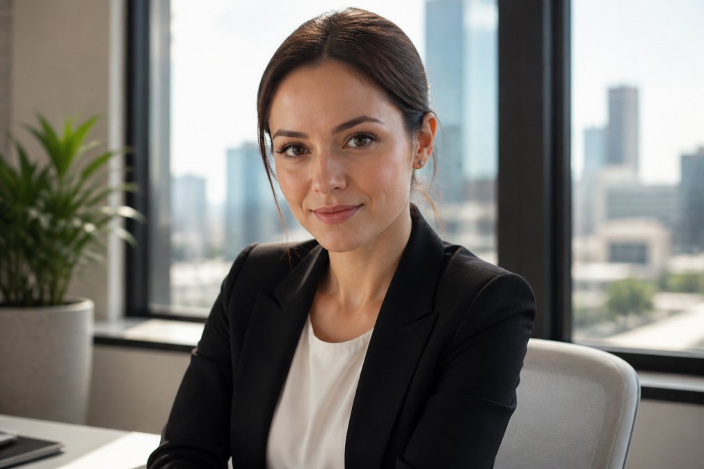 Professional woman with defined, enhanced lashes at her desk in bright office lighting, looking polished and ready for a busy workday with natural eye comfort visible
