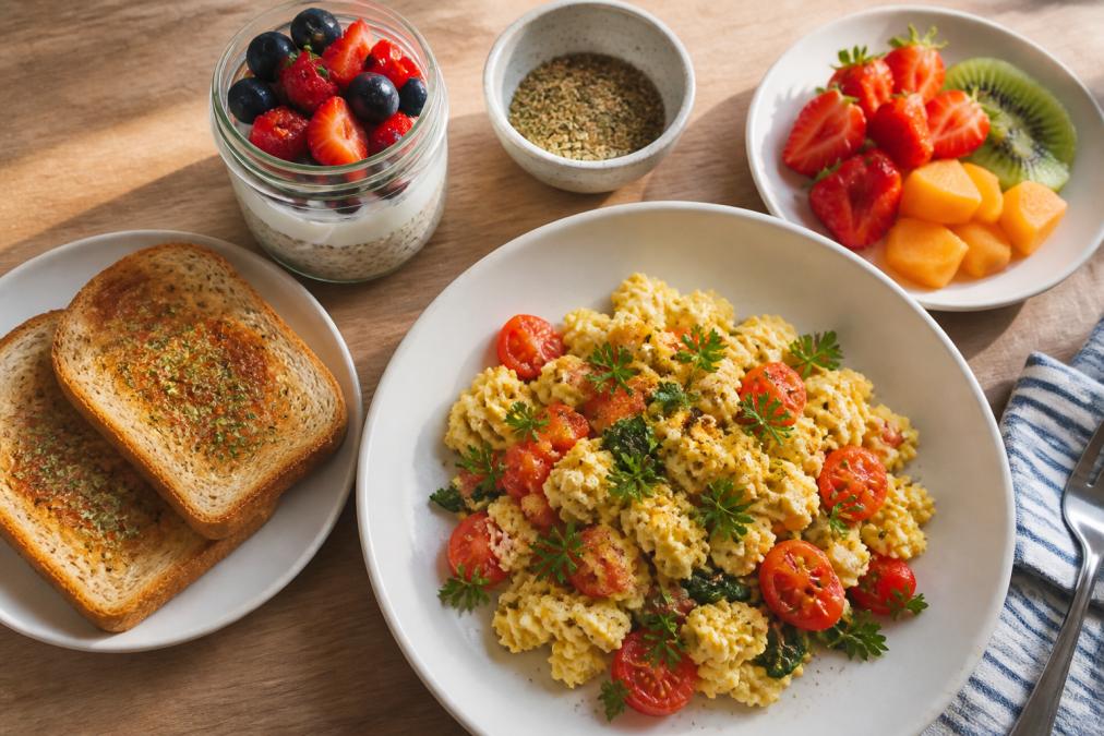 Overhead flat lay of colorful breakfast spread featuring herb-roasted scrambled eggs with fresh vegetables, overnight oats in a glass jar with fresh berries, whole grain toast with herbs, sliced fresh fruit, and a small ceramic bowl of Italian seasoning blend on a light wooden table with natural morning sunlight