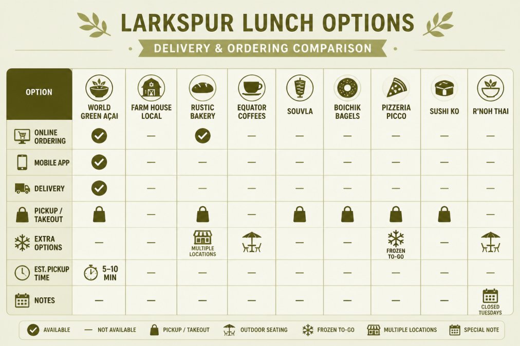 Visual comparison chart showing Comparison, World Green A, Farm House Local, Rustic Bakery for quick lunch options