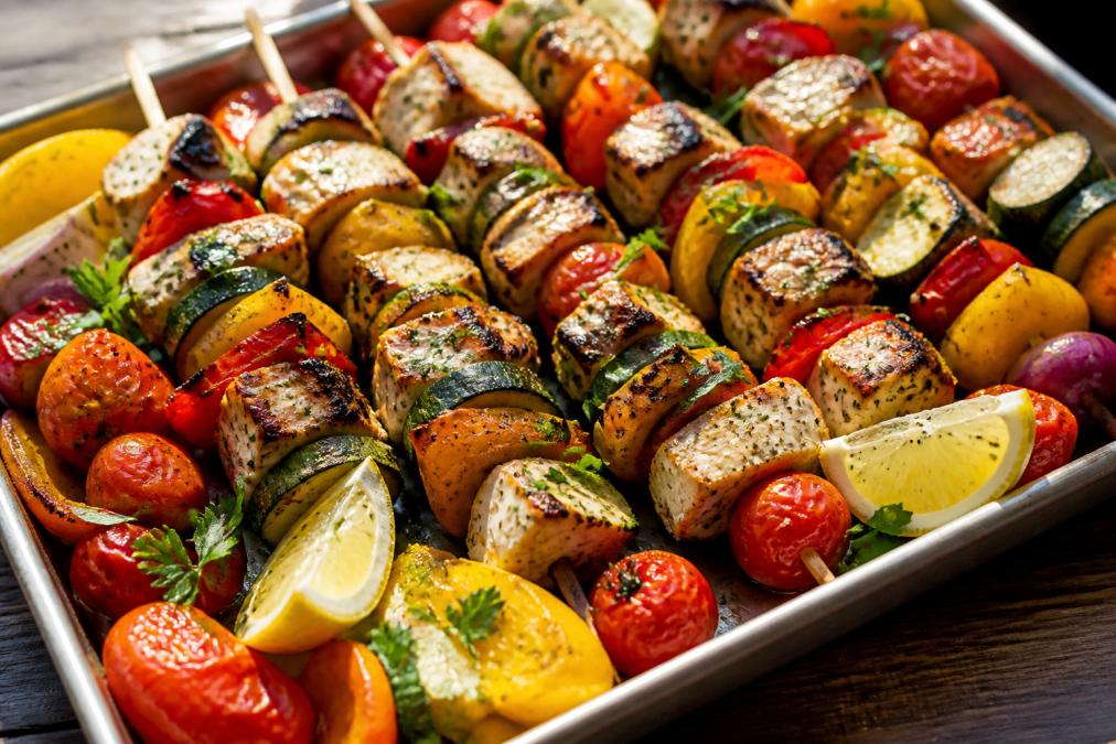Close-up of a colorful sheet pan with grilled chicken kebab skewers, roasted bell peppers, zucchini, and tomatoes, with fresh lemon wedges and herbs scattered on top