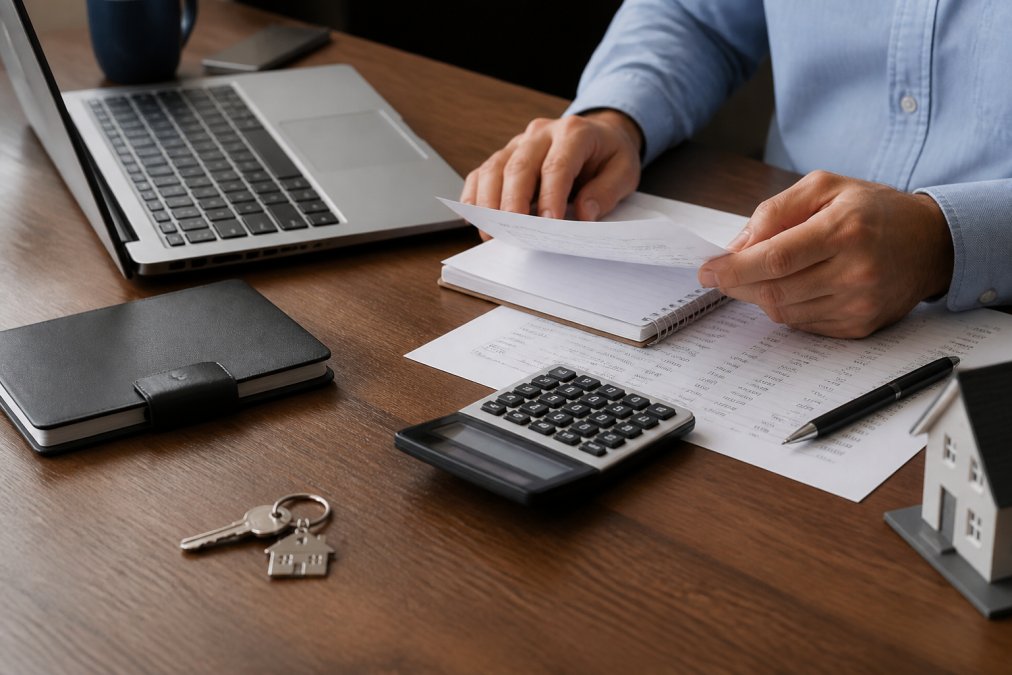A real estate investor reviewing property documents and a laptop showing financial figures at a modern desk, with a house key and calculator nearby
