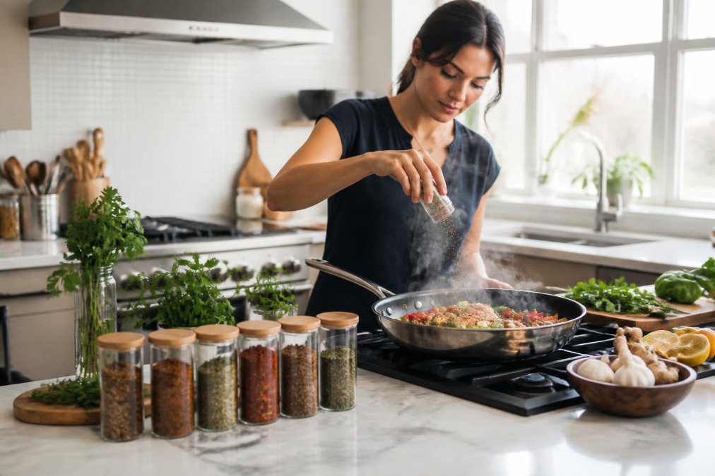 Busy professional quickly seasoning a sizzling pan of chicken and fresh vegetables in a modern kitchen, with organized glass spice containers and fresh herbs visible on the marble counter, natural window lighting