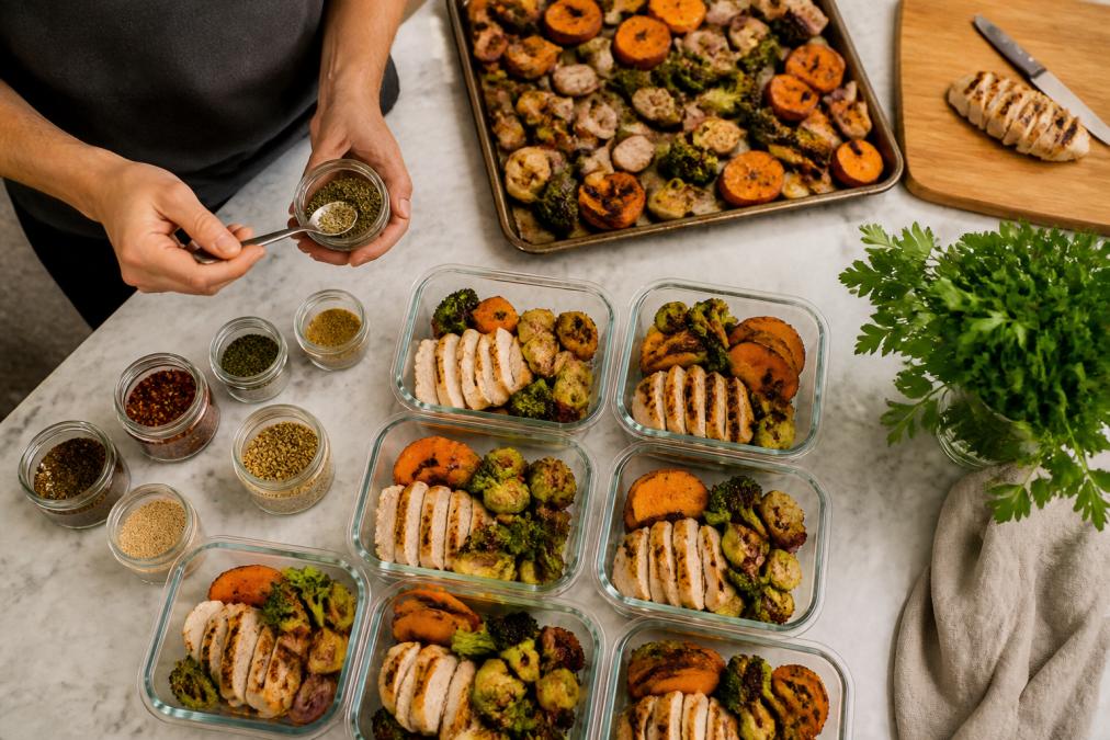 Overhead view of organized meal prep containers filled with pre-portioned grilled chicken, roasted vegetables, and fresh herbs, with labeled Goodness Gracious Seasoning Blends arranged alongside for the week ahead