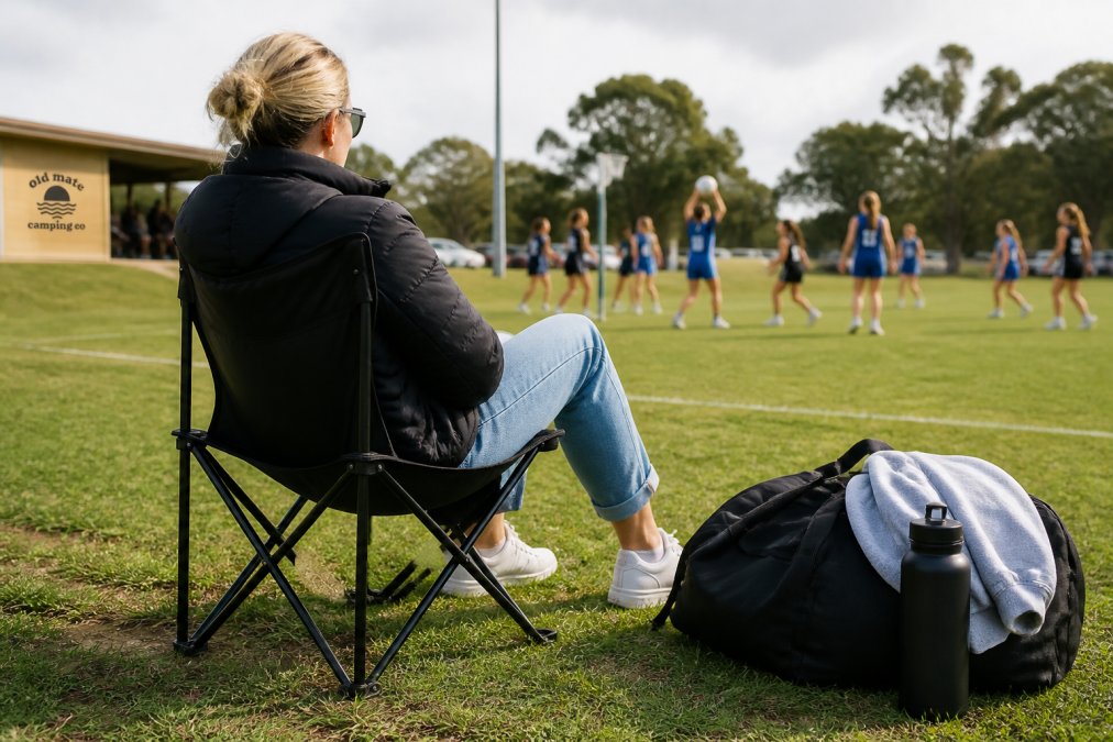 A parent sitting in a compact black camping chair on the sideline of a local sports oval, with a child's netball game in the background and a gear bag on the grass nearby