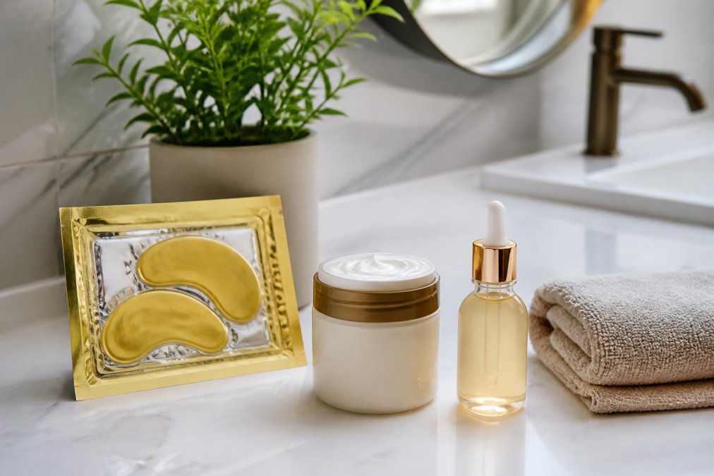 A bright, modern bathroom counter with a 24K gold eye mask package, a jar of foot cream, and a collagen serum bottle arranged neatly next to a small plant and a folded towel