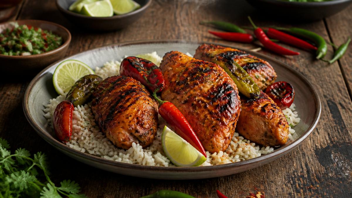 Steaming plate of peri peri chicken with charred peppers and lime wedges, served with rice on a rustic wooden table with fresh chillies and herbs scattered nearby