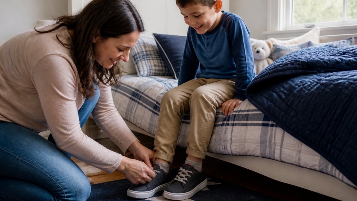 Parent helping young child put on sneakers with elastic no-tie laces while child smiles and sits on edge of bed, natural morning light from window