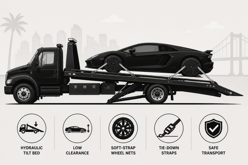 Professional flatbed tow truck with hydraulic lift mechanism lowered and ready, showing a low-clearance sports car positioned safely on the bed with soft-strap wheel nets and tie-down straps visible, shot from the side in daylight