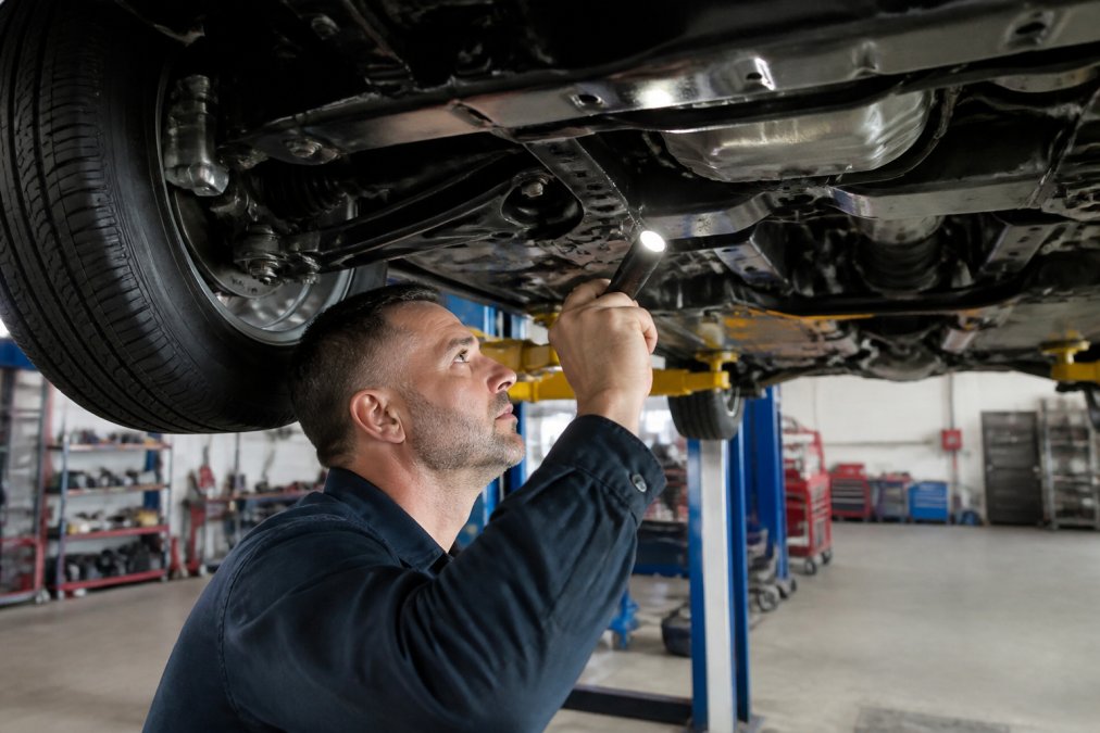 Close-up of a technician inspecting a classic car's undercarriage and frame tie-down points before transport, checking suspension clearance and chassis components with a flashlight in a professional shop setting