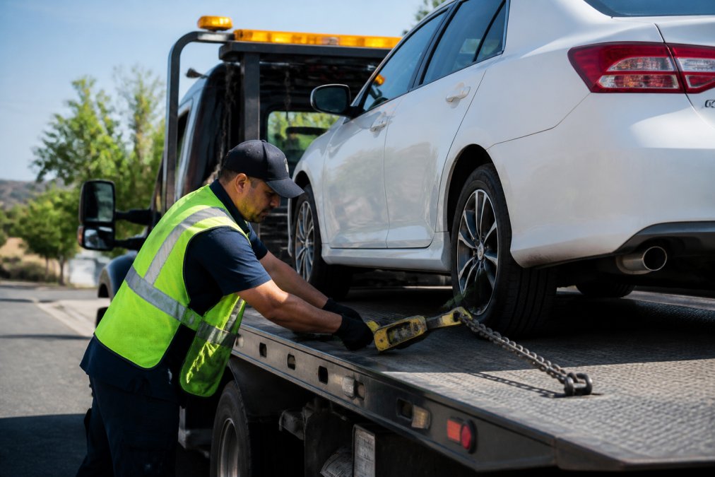 Professional tow truck operator in safety vest securing a sedan to the flatbed trailer with heavy-duty safety chains and ratchet straps, demonstrating proper vehicle securement techniques in daylight