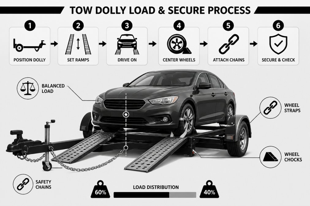 Tow dolly with adjustable metal ramps positioned under a vehicle's front wheels, showing proper load distribution and securing process with safety chains visible on the frame