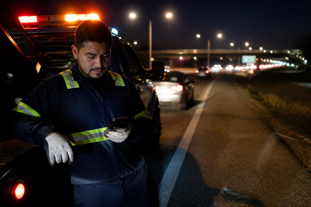 Professional tow truck driver in uniform receiving dispatch call on mobile device at night, with emergency lights and freeway backdrop visible in darkness