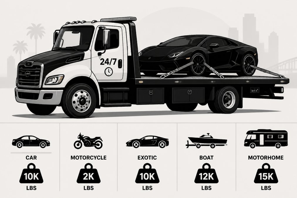 Professional flatbed tow truck transporting luxury exotic car with secure tie-down straps visible, showing proper equipment and daylight conditions