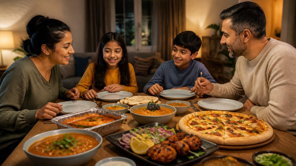 Family of four gathered around dining table with diverse takeaway meals: Indian curry dishes, pizza, and flame-grilled kebabs on plates, warm lighting from overhead fixture