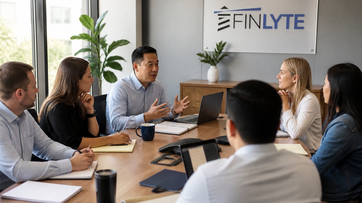 A financial team in a modern conference room reviewing a project timeline on a large screen, with notebooks and laptops on the table