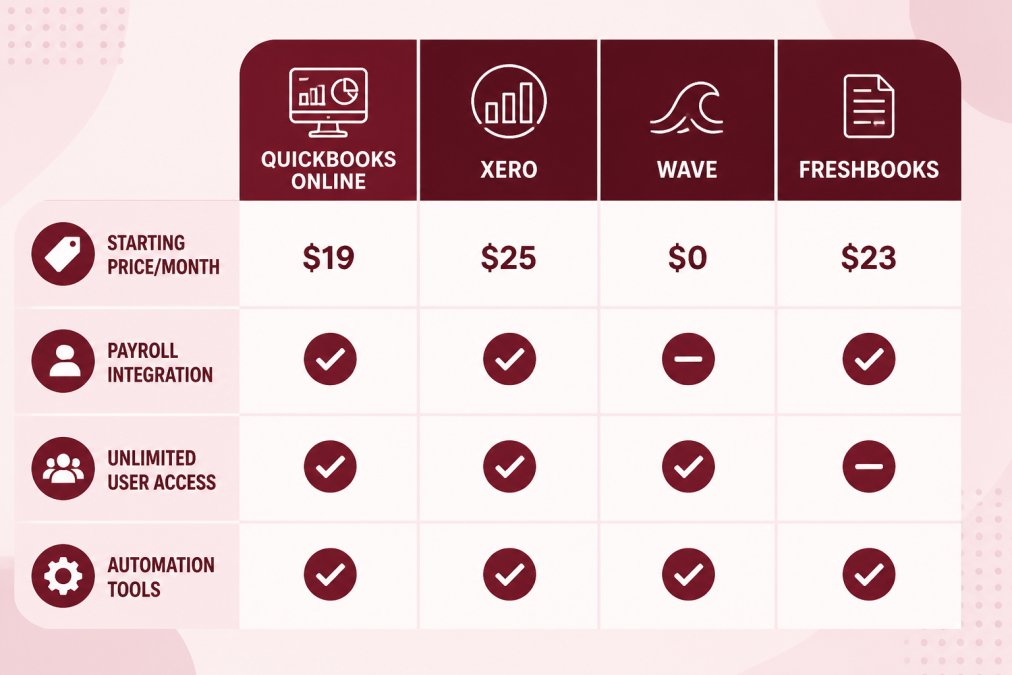 Feature comparison matrix for QuickBooks Online, Xero, Wave, and FreshBooks showing starting prices of $19, $25, $0, and $23 per month, payroll integration status, unlimited user access, and automation tool availability